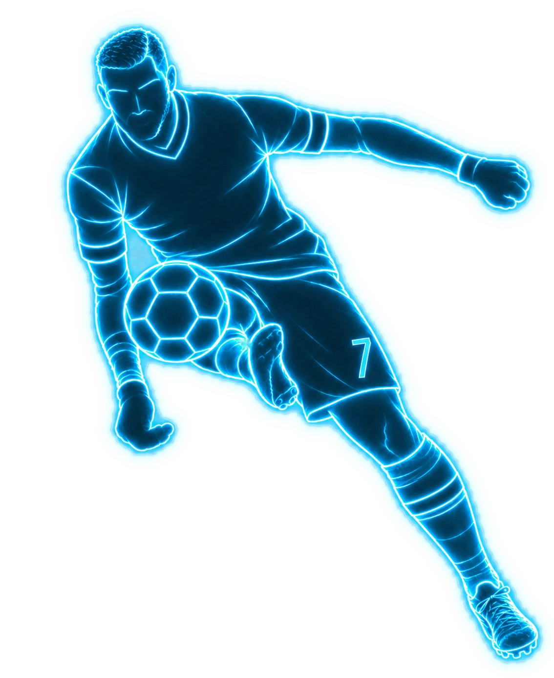 Neon outline of a football player kicking a ball