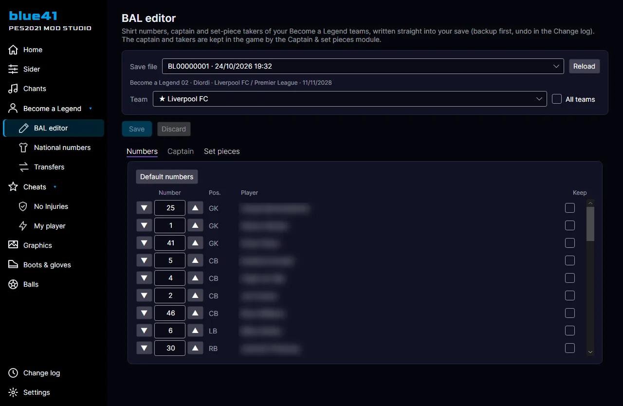 Screenshot of blue41 PES2021 Mod Studio — BAL editor: shirt numbers, captain and set pieces of your career's teams