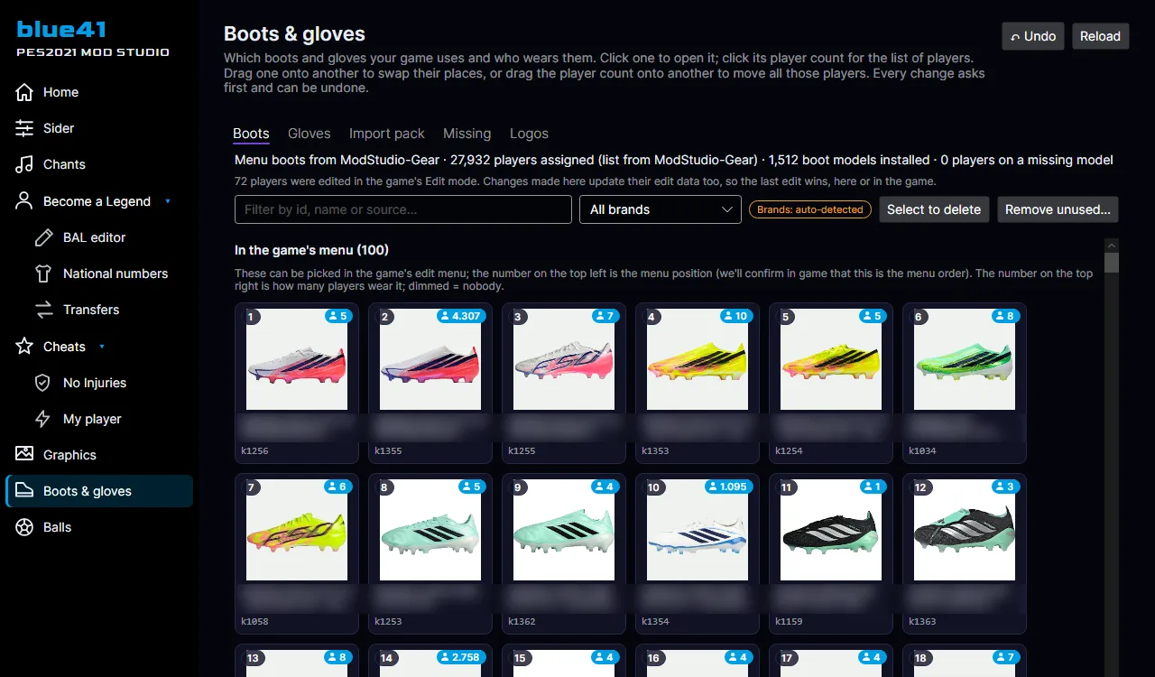 Screenshot of blue41 PES2021 Mod Studio — Boots & gloves: every model, its menu place and who wears it
