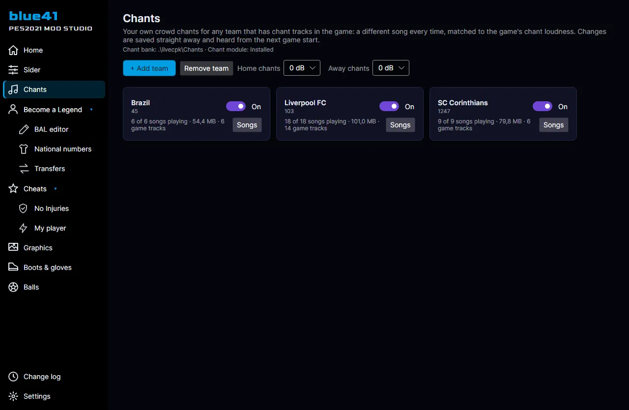 Screenshot of blue41 PES2021 Mod Studio — Your own crowd chants for any team
