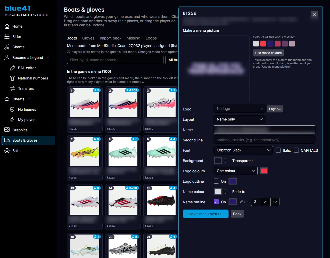 Screenshot of blue41 PES2021 Mod Studio — Menu picture generator: logos, fonts, texture colours