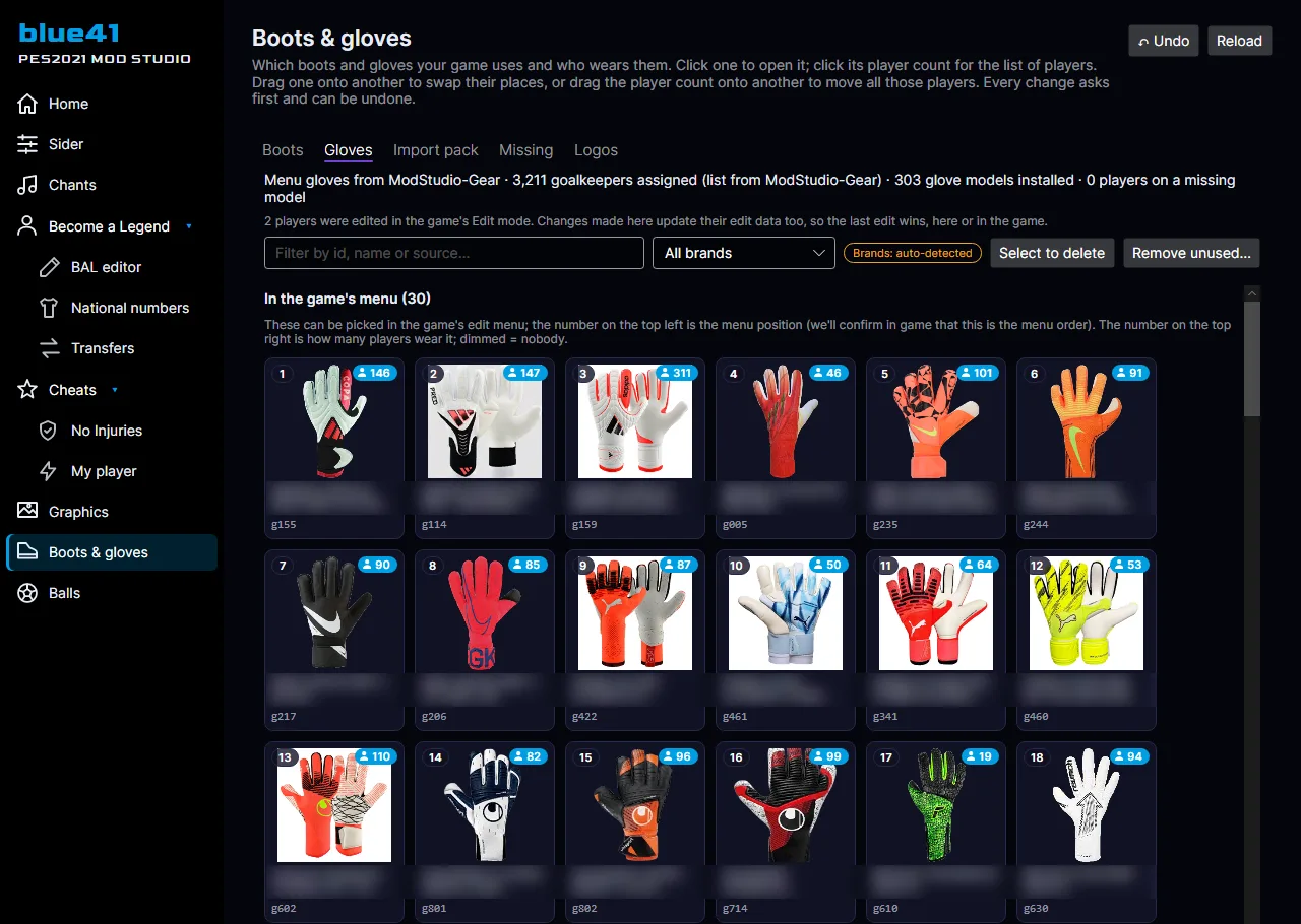 Screenshot of blue41 PES2021 Mod Studio — Gloves: the keepers' menu, with who wears each pair