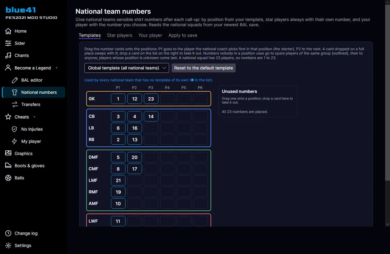 Screenshot of blue41 PES2021 Mod Studio — National team numbers by position