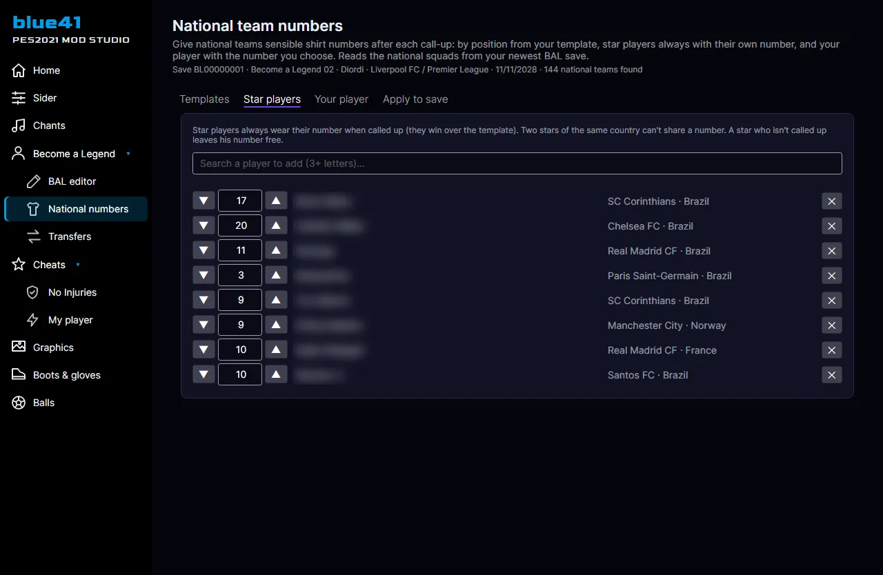Screenshot of blue41 PES2021 Mod Studio — National teams: star players always get their own number